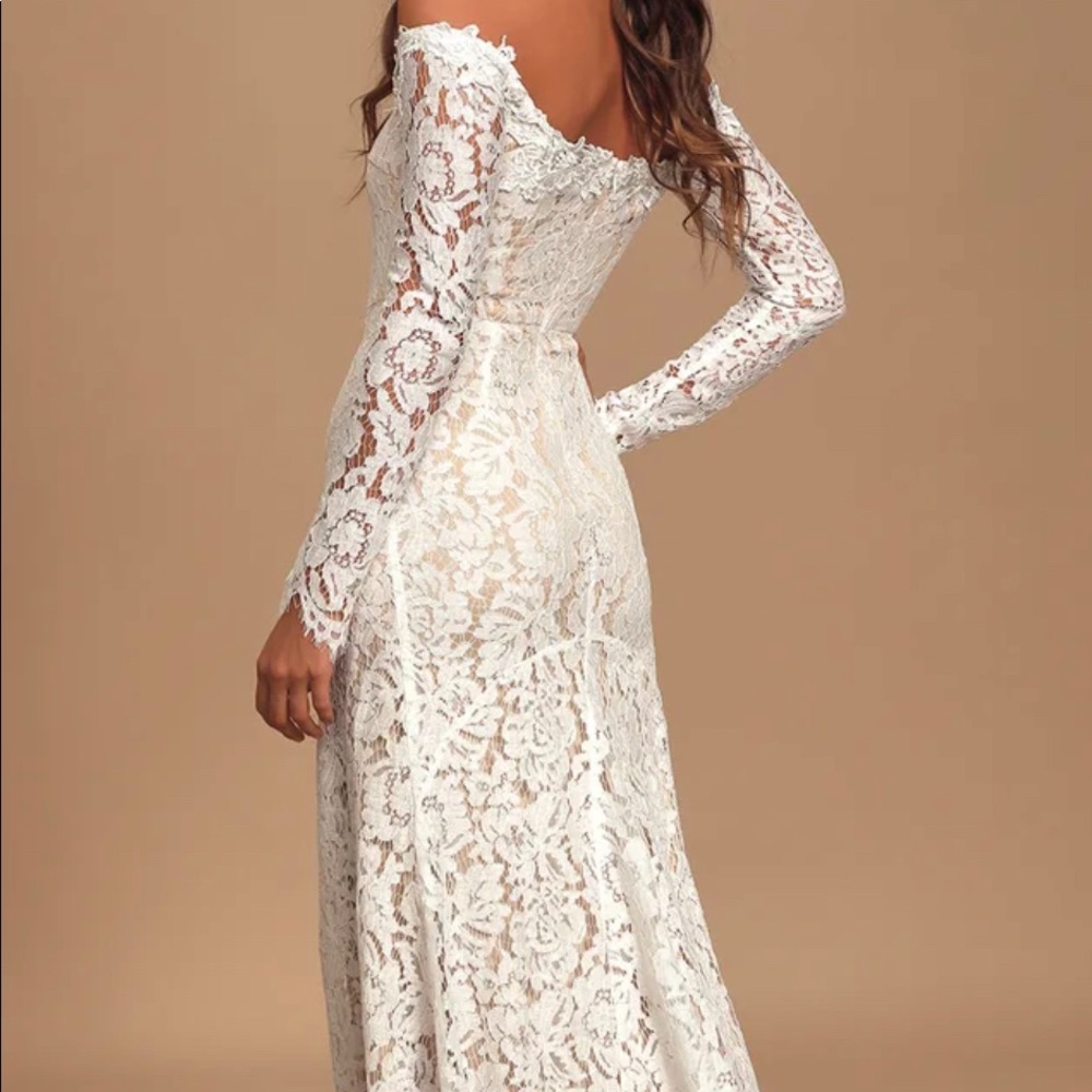 Romance Dreamer White Lace Off-the-Shoulder Wedding Gown - Lulu’s Hailey Bieber
